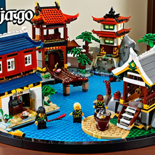 Home 11 **A vast LEGO Ninjago landscape:** Capture a sprawling LEGO diorama of Ninjago, showcasing iconic locations like Ninjago City, Sensei Wu's island, and Zane's cave. Include minifigures of Kai, Jay, Zane, Cole, Lloyd, and Nya in dynamic poses. Focus on intricate details and vibrant colors to convey a sense of adventure and wonder.
