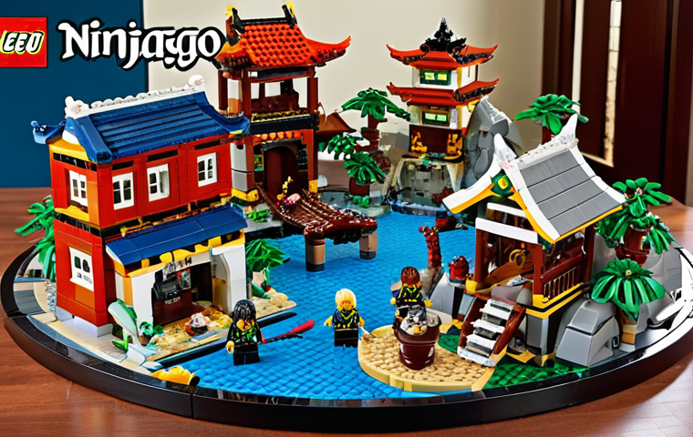 **A vast LEGO Ninjago landscape:** Capture a sprawling LEGO diorama of Ninjago, showcasing iconic locations like Ninjago City, Sensei Wu's island, and Zane's cave. Include minifigures of Kai, Jay, Zane, Cole, Lloyd, and Nya in dynamic poses. Focus on intricate details and vibrant colors to convey a sense of adventure and wonder.